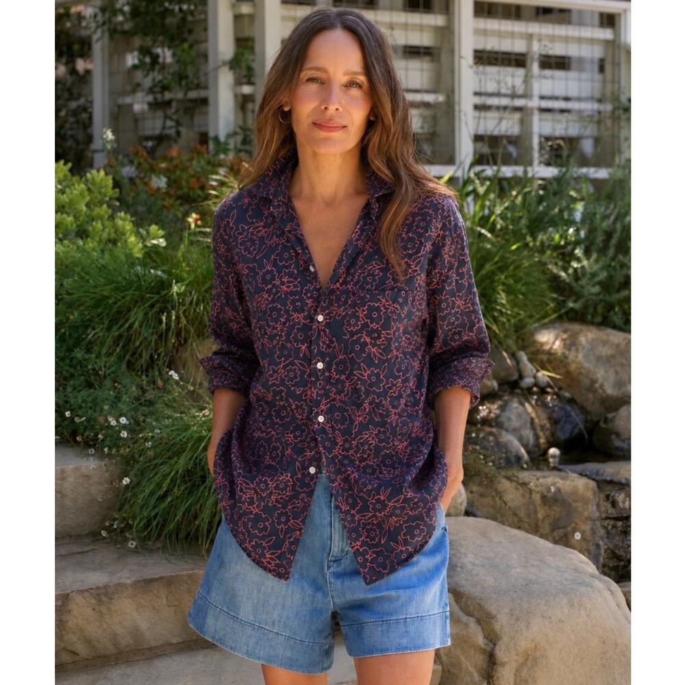 Frank & Eileen Eileen Button Up Shirt Navy Red Floral Linen Size XS